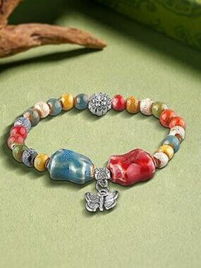 Bohemian Hippie Colorful Ceramic Bead Bracelet Butterfly Summer Beach